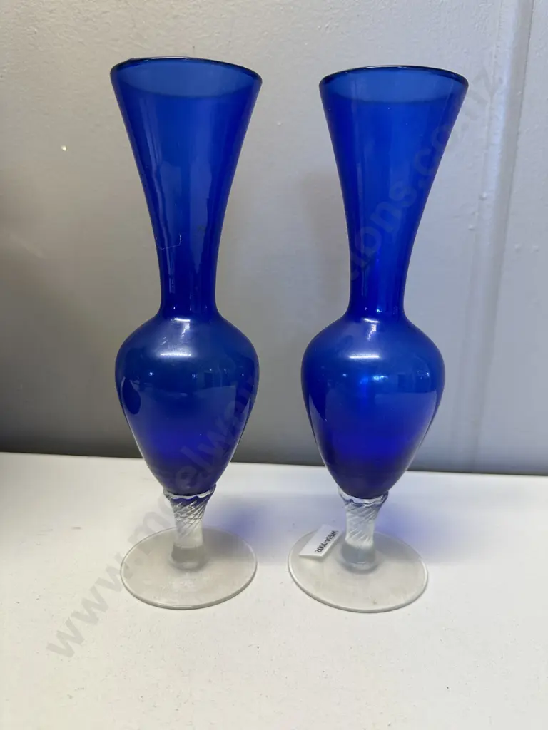 Pair of Vintage Cobalt Blue Glass Vases With Clear Stem, H20.5cm (Donated) Image 1++