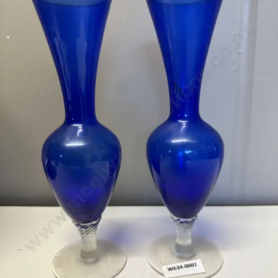 Pair of Vintage Cobalt Blue Glass Vases With Clear Stem, H20.5cm (Donated)