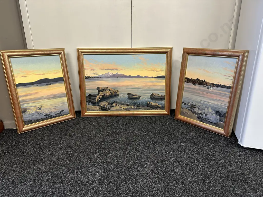 "Lake Taupo - Shoreline Images" by Val Raymond, Triptych, Oil on Canvas, Three Panels All Signed, 59 x 44 & 59 x 79cm Image 1++