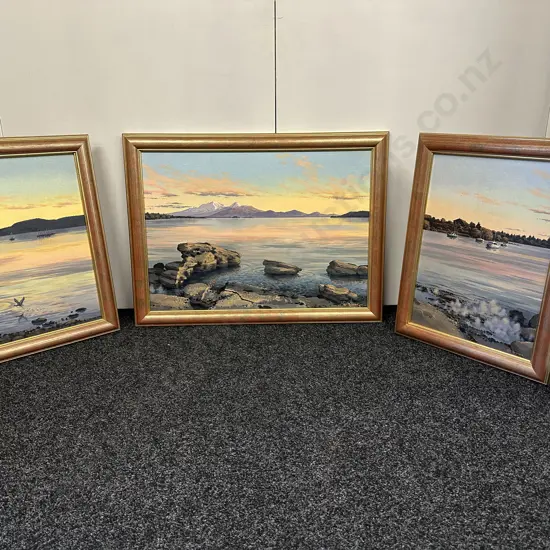 "Lake Taupo - Shoreline Images" by Val Raymond, Triptych, Oil on Canvas, Three Panels All Signed, 59 x 44 & 59 x 79cm