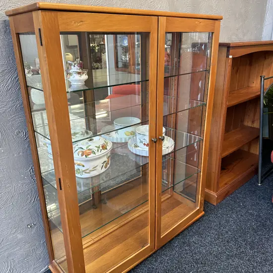 Rimu Glass Display Cabinet, 2 Doors, 4 Glass Shelves. Hand-Carved Furniture Co. NZ, H130 W100 D30.5cm