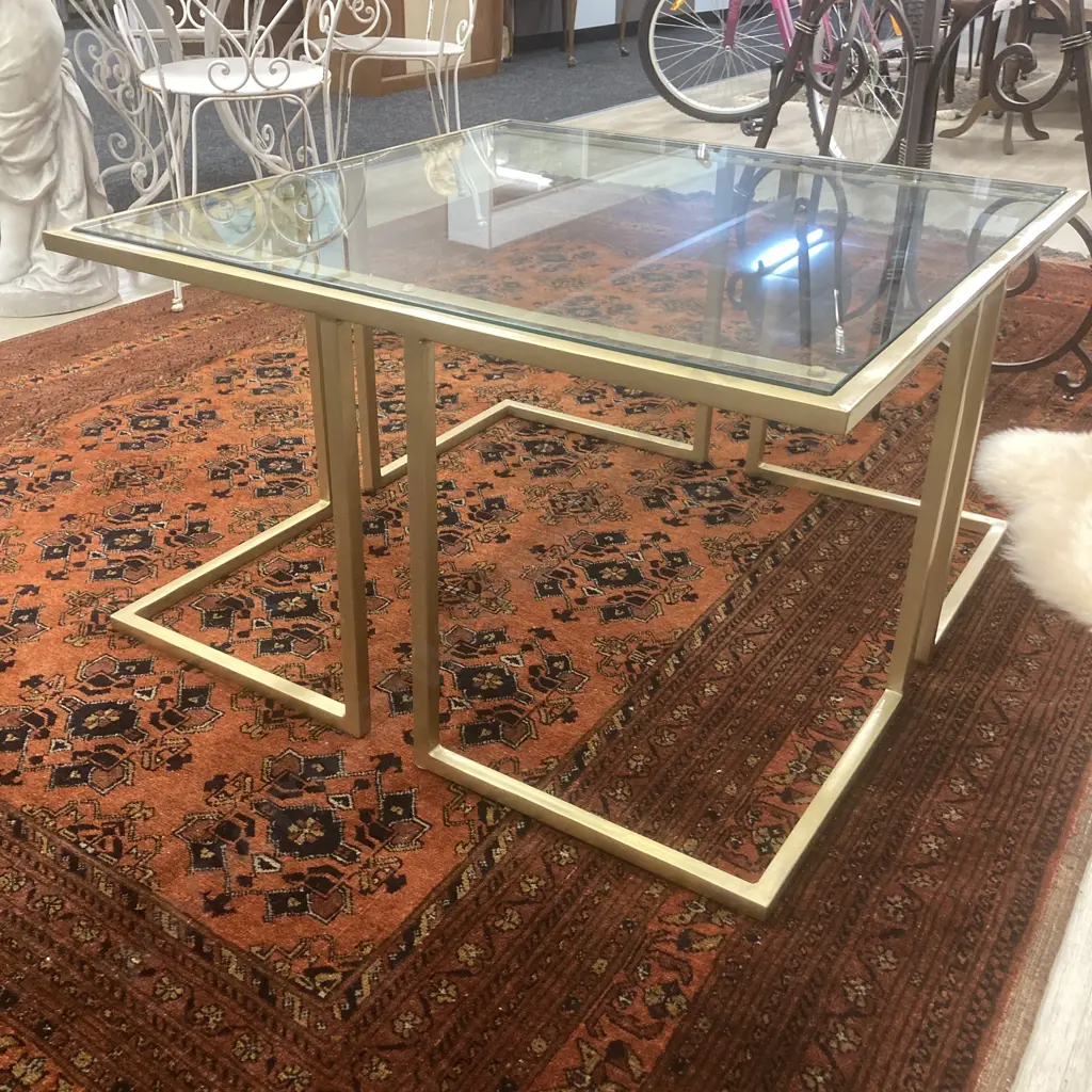 Gold Painted Glass Topped Square Occasional Table, Square Tubular Frame, H46 W81 D81cm Image 1++