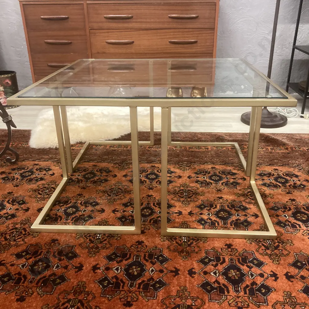 Gold Painted Glass Topped Square Occasional Table, Square Tubular Frame, H46 W81 D81cm Image 1++