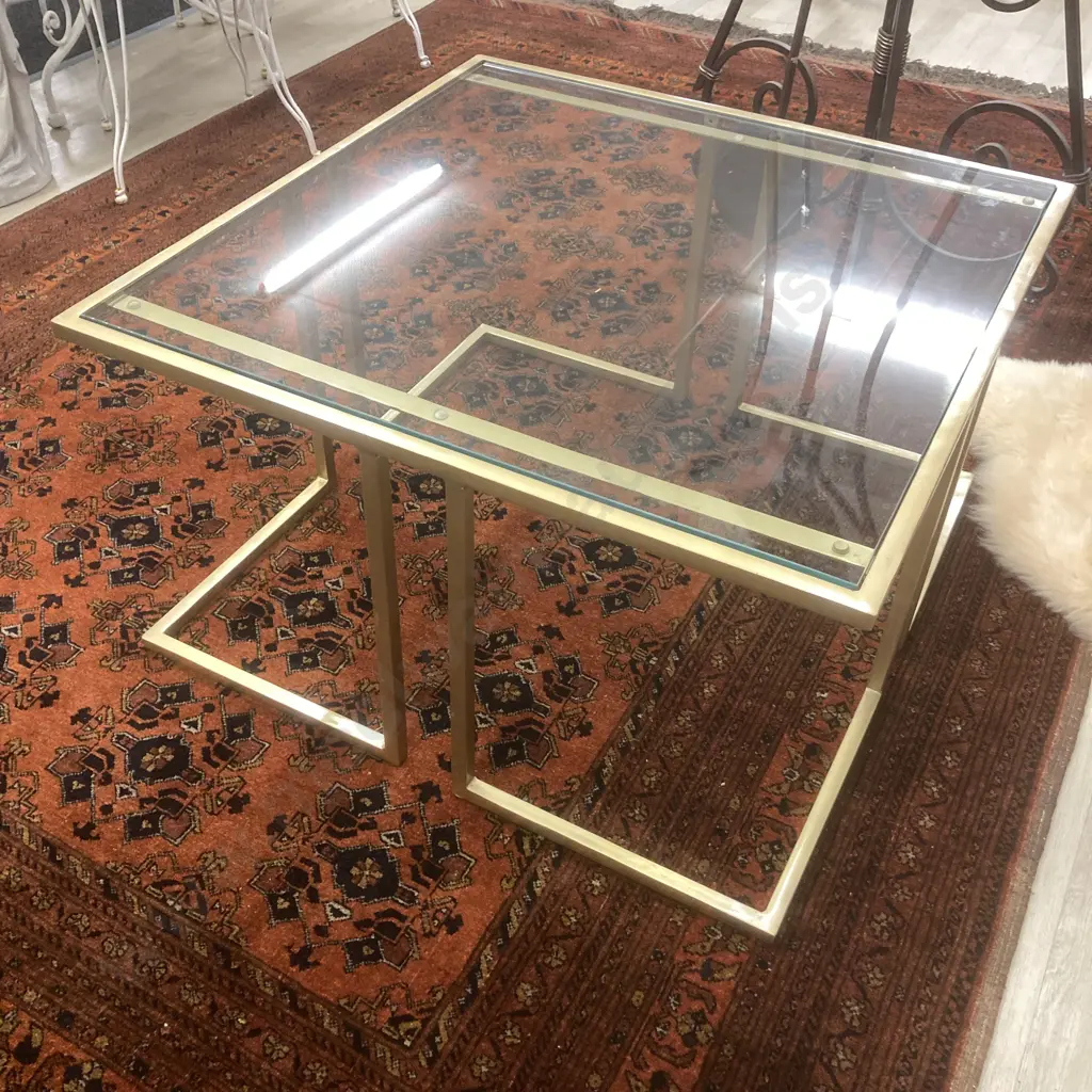 Gold Painted Glass Topped Square Occasional Table, Square Tubular Frame, H46 W81 D81cm Image 1++