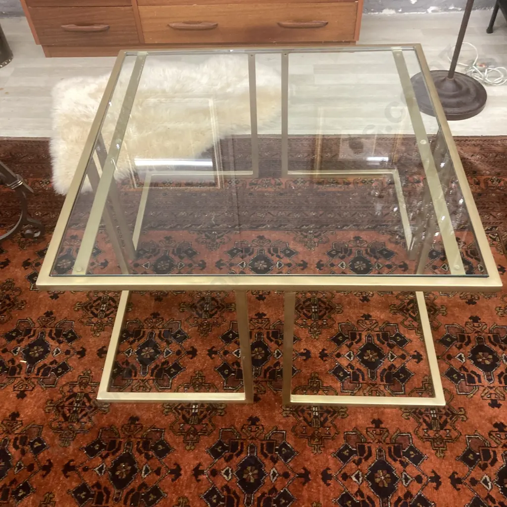 Gold Painted Glass Topped Square Occasional Table, Square Tubular Frame, H46 W81 D81cm Image 1++