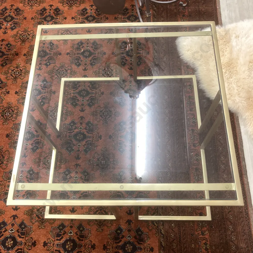 Gold Painted Glass Topped Square Occasional Table, Square Tubular Frame, H46 W81 D81cm Image 1++
