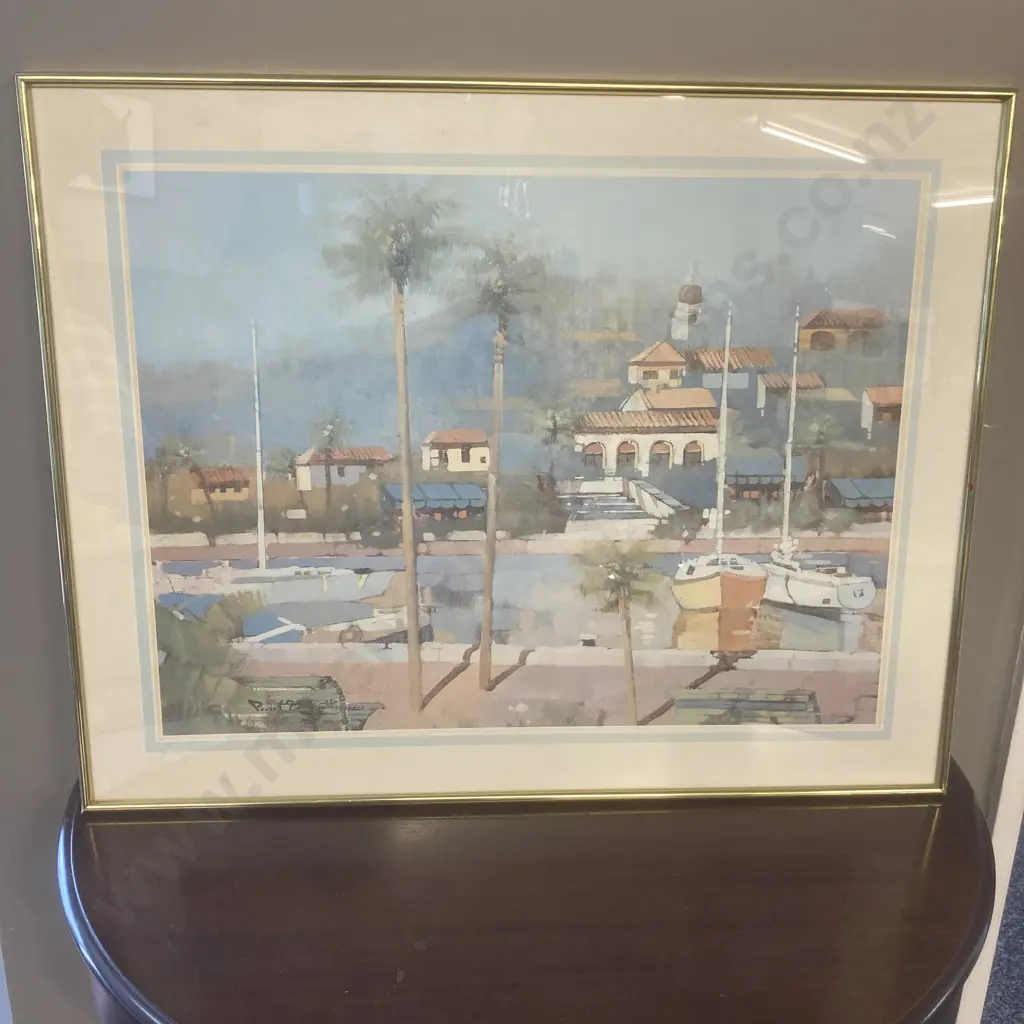 Vintage Framed Glazed Print by Paul Mathenia Titled 'Dockside Village' 56 x 71cm Image 1++