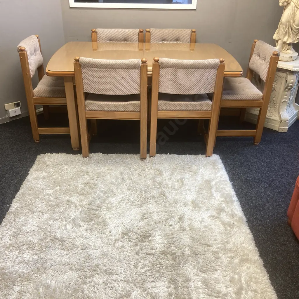 Rimu Extension Dining Table With Glass Top & 6 Brown & Cream Fabric Covered Chairs, H74 W159 D99cm Image 1++