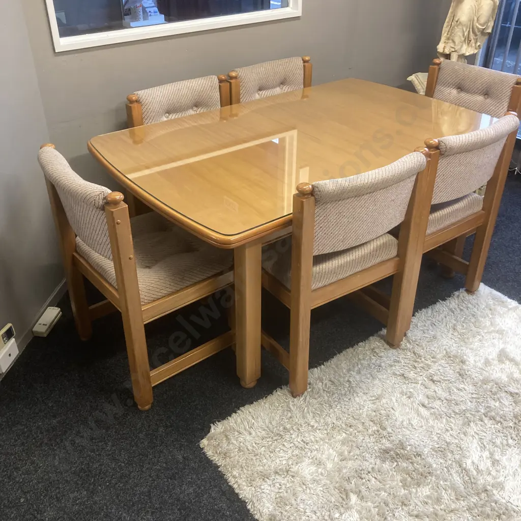 Rimu Extension Dining Table With Glass Top & 6 Brown & Cream Fabric Covered Chairs, H74 W159 D99cm Image 1++