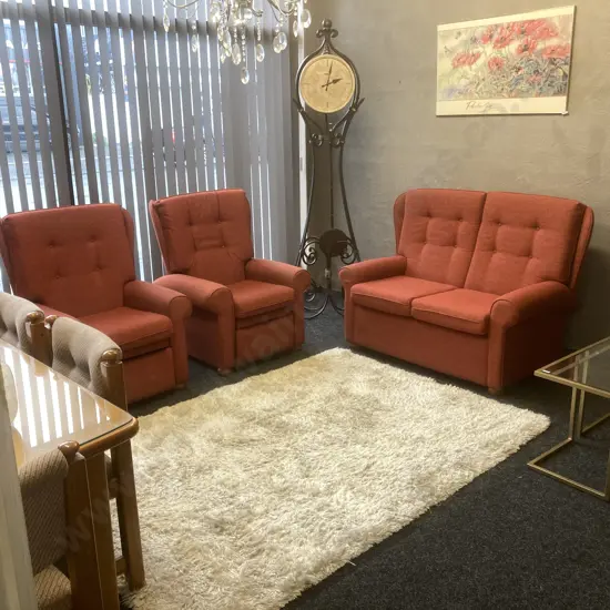 Lounge Suite - 2 Seater Couch With 2 Recliner Chairs, Rusty Red Colour Warwick Fabric