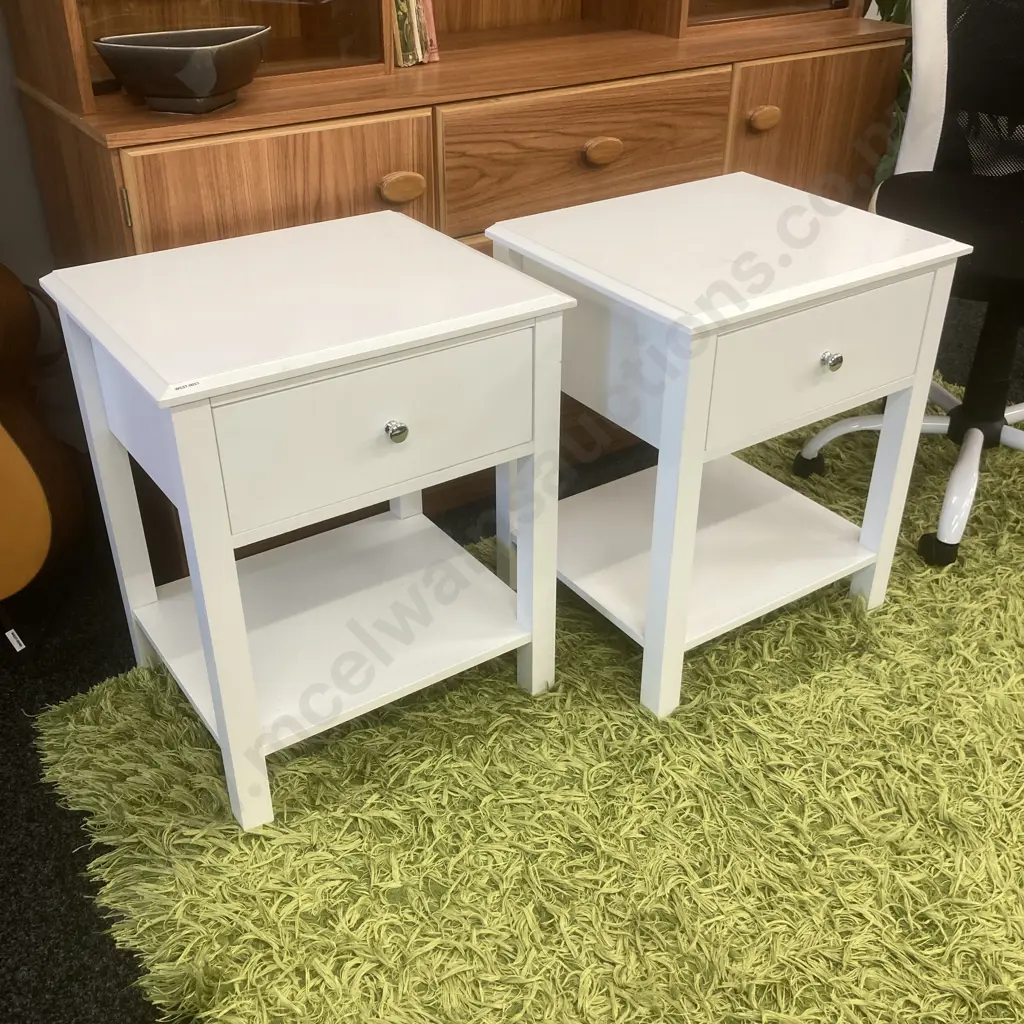 Pair of White Single Drawer Bedsides, H58 W48 D40cm Image 1++
