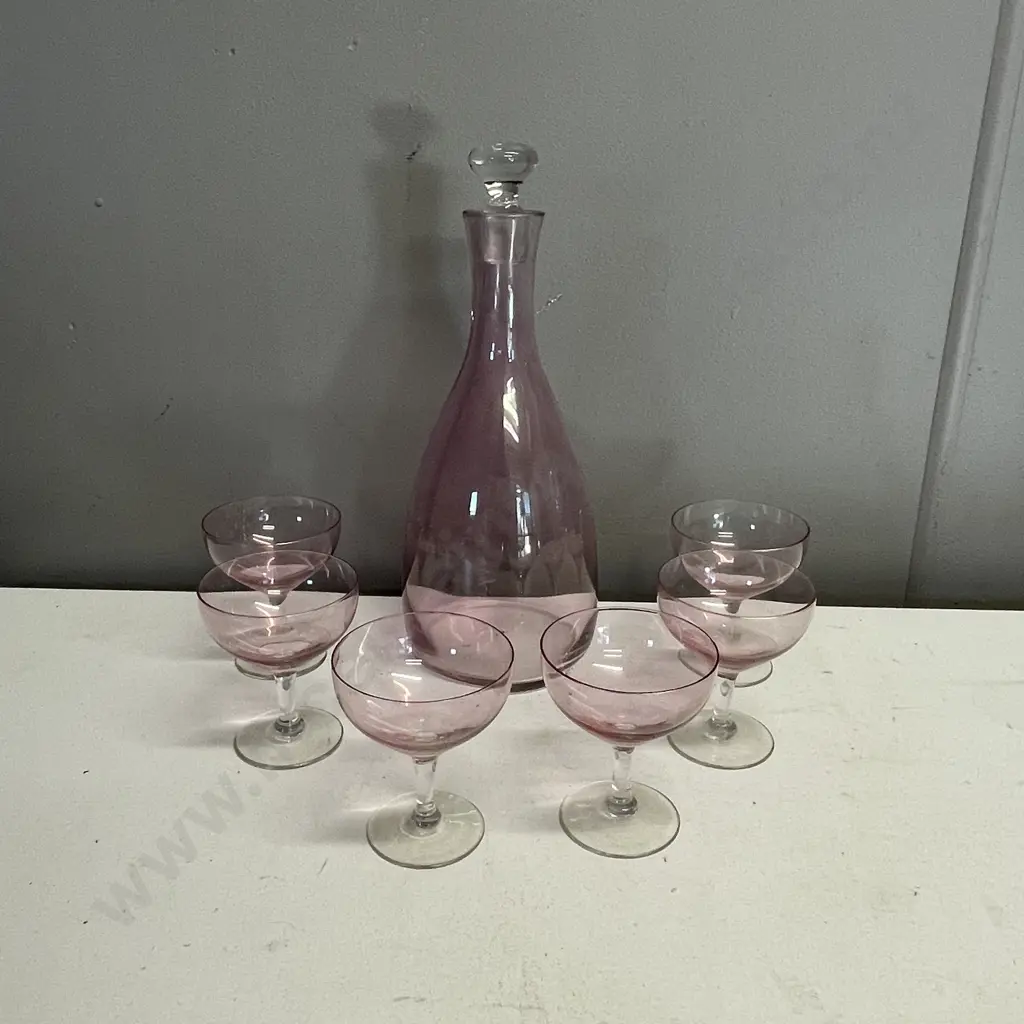 VIntage Pink Glass Decanter with set of 6 stemed glasses Image 1++