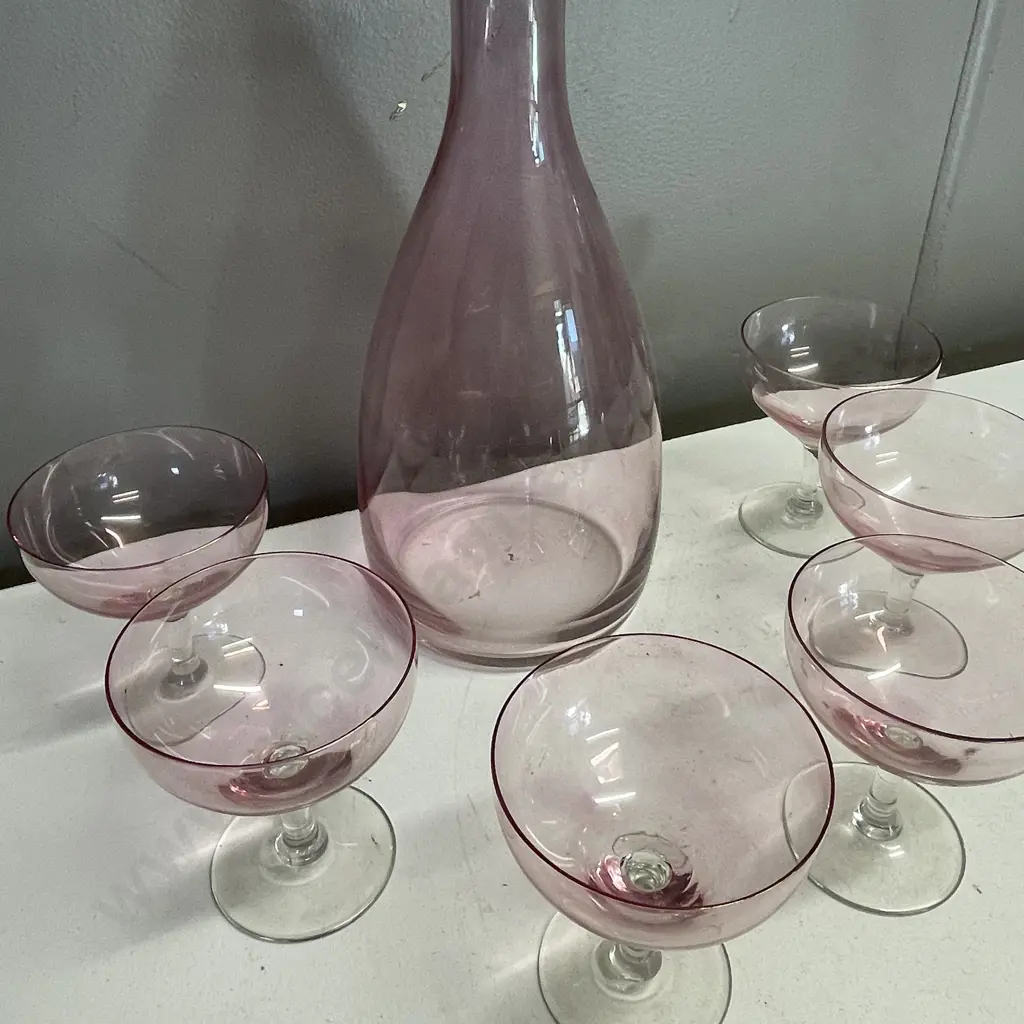 VIntage Pink Glass Decanter with set of 6 stemed glasses Image 1++