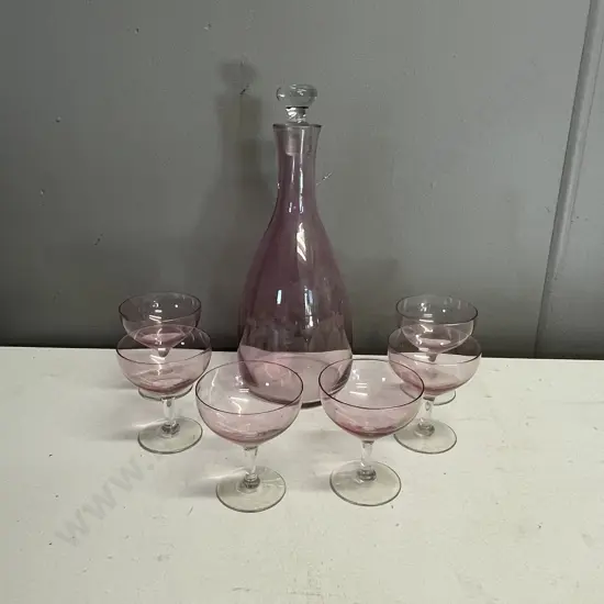 VIntage Pink Glass Decanter with set of 6 stemed glasses