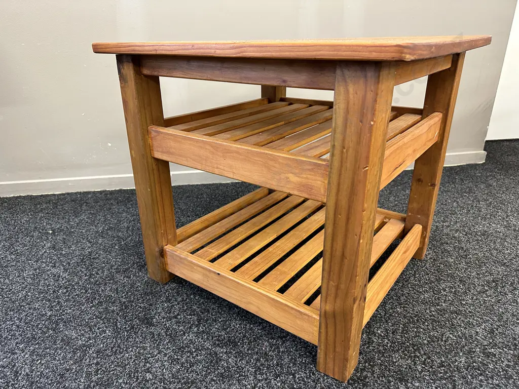 Pine Occasional table, Square 3 Tier, Slat Detail, H54 W59 D59cm Image 1++