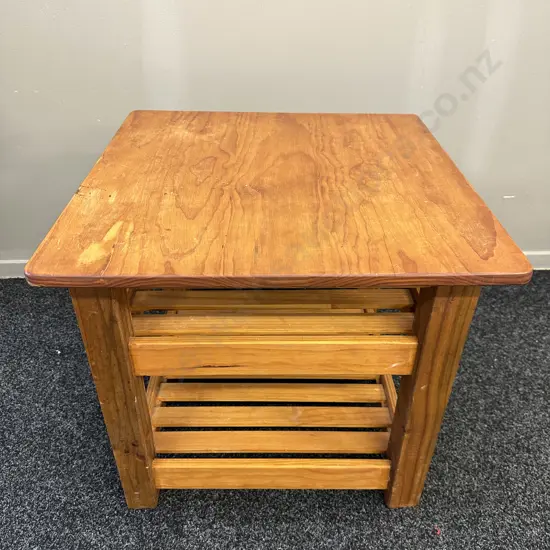 Pine Occasional table, Square 3 Tier, Slat Detail, H54 W59 D59cm