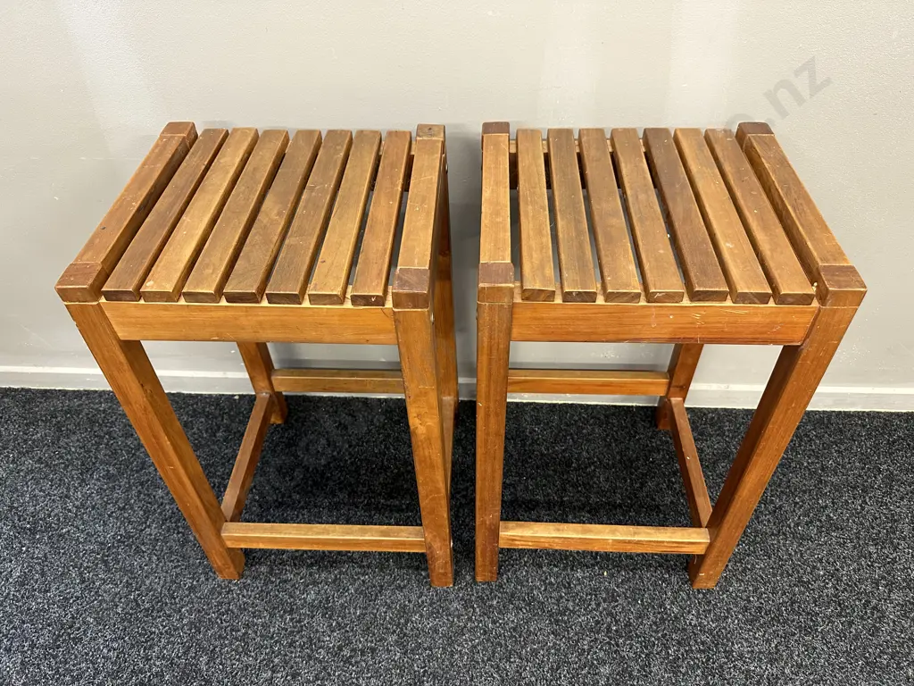 Pair of Wooden Slat Bar Stools Image 1++