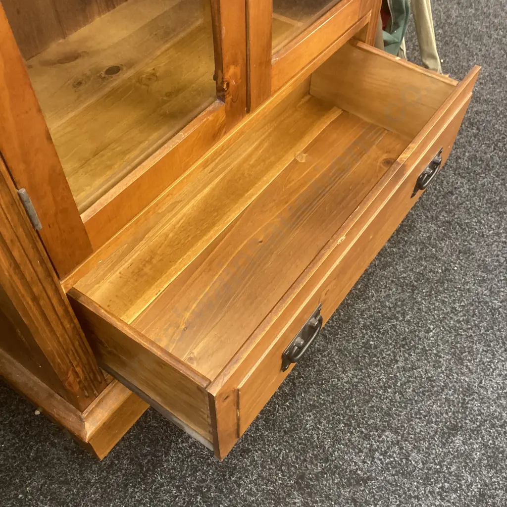 Solid Wood Double Glass Door Wall Unit, Wrought Handles, Drawer At Base, T&G Back, H189 W90 D42cm Image 1++