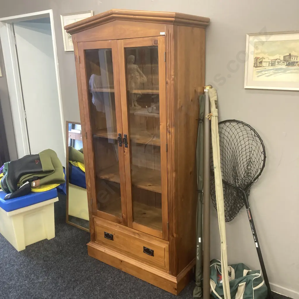 Solid Wood Double Glass Door Wall Unit, Wrought Handles, Drawer At Base, T&G Back, H189 W90 D42cm Image 1++