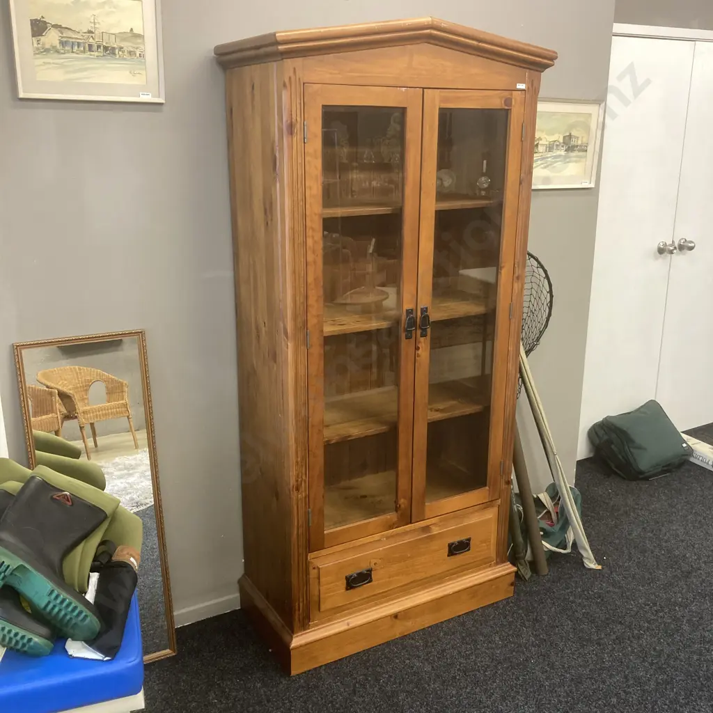 Solid Wood Double Glass Door Wall Unit, Wrought Handles, Drawer At Base, T&G Back, H189 W90 D42cm Image 1++