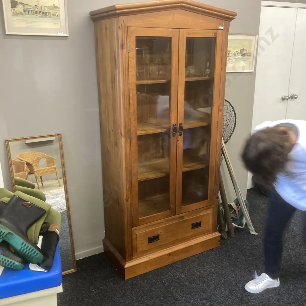 Solid Wood Double Glass Door Wall Unit, Wrought Handles, Drawer At Base, T&G Back, H189 W90 D42cm Image 1++