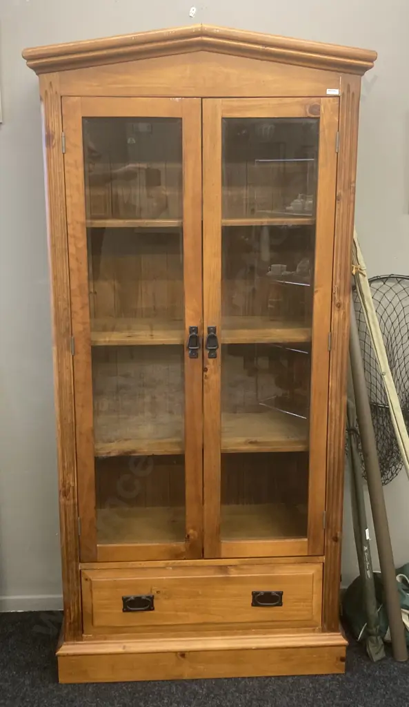 Solid Wood Double Glass Door Wall Unit, Wrought Handles, Drawer At Base, T&G Back, H189 W90 D42cm Image 1++