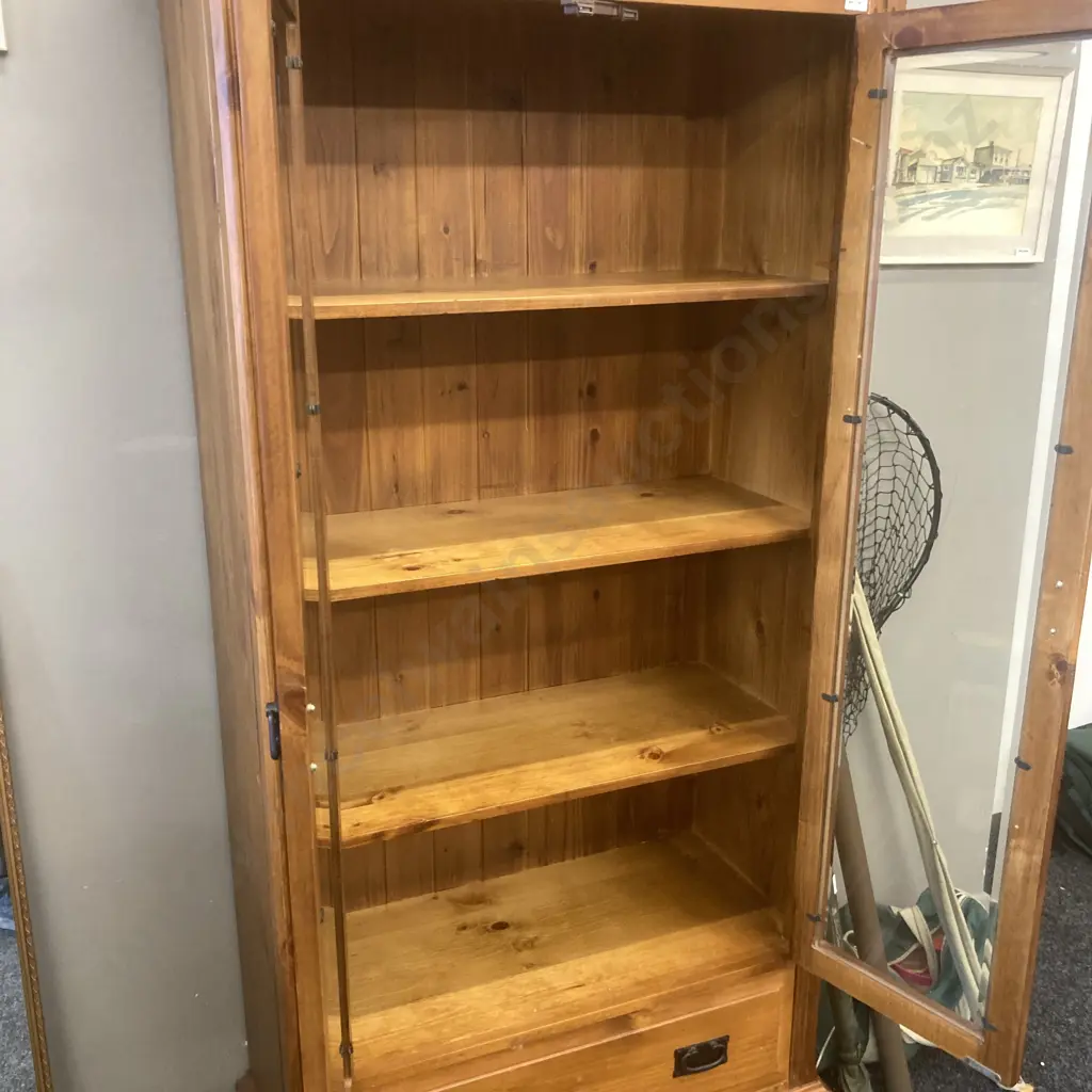 Solid Wood Double Glass Door Wall Unit, Wrought Handles, Drawer At Base, T&G Back, H189 W90 D42cm Image 1++