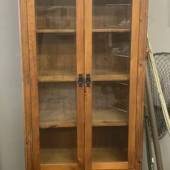Solid Wood Double Glass Door Wall Unit, Wrought Handles, Drawer At Base, T&G Back, H189 W90 D42cm