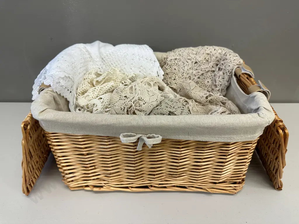 Cane Basket With Assorted Vintage Linen Image 1++