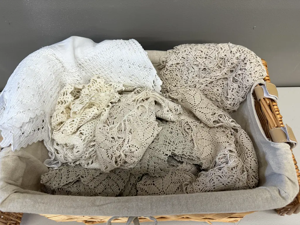 Cane Basket With Assorted Vintage Linen Image 1++