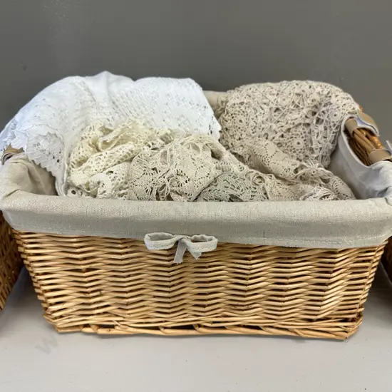 Cane Basket With Assorted Vintage Linen