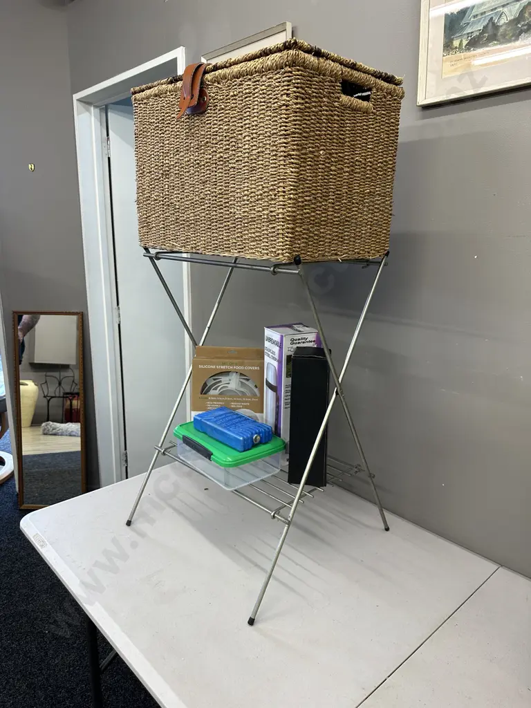 Wicker Basket With Assorted Picnic Items And Folding Metal Stand Image 1++