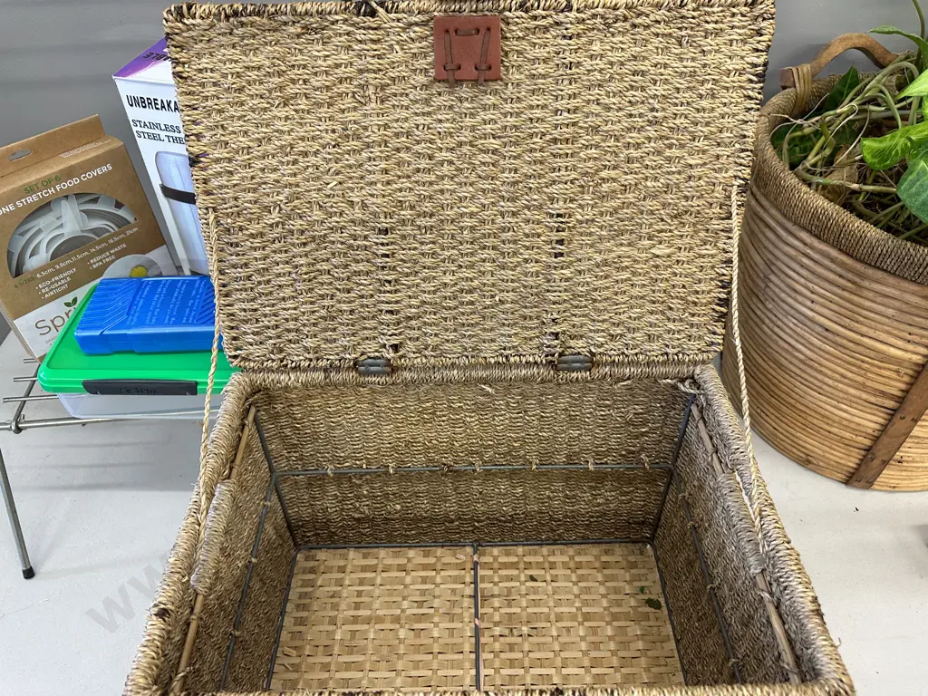 Wicker Basket With Assorted Picnic Items And Folding Metal Stand Image 1++