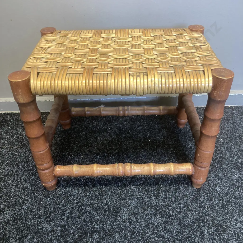 Vintage Woven Plastic Cane Topped Footstool, H33 W43 D29cm Image 1++