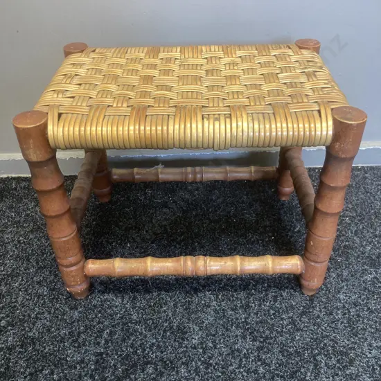 Vintage Woven Plastic Cane Topped Footstool, H33 W43 D29cm
