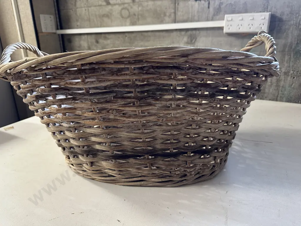 Vintage Cane Laundry Basket, Double Handled Image 1++