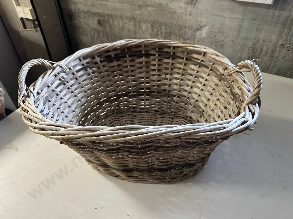 Vintage Cane Laundry Basket, Double Handled Image 1++
