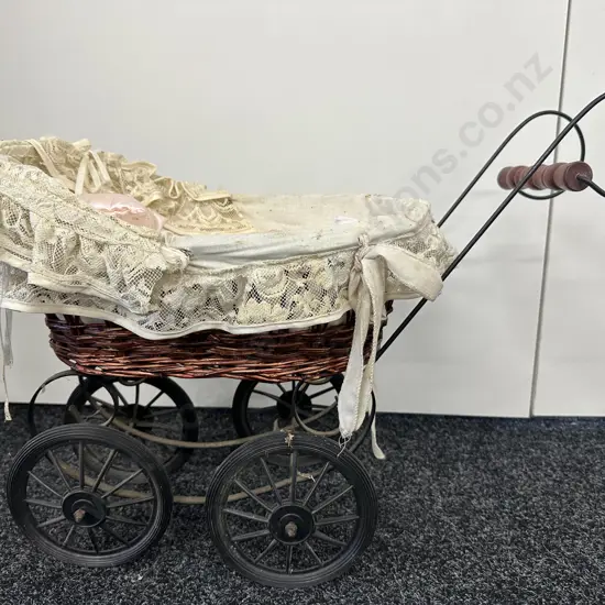 Vintage Wicker Pram With Pillow & Coverlet