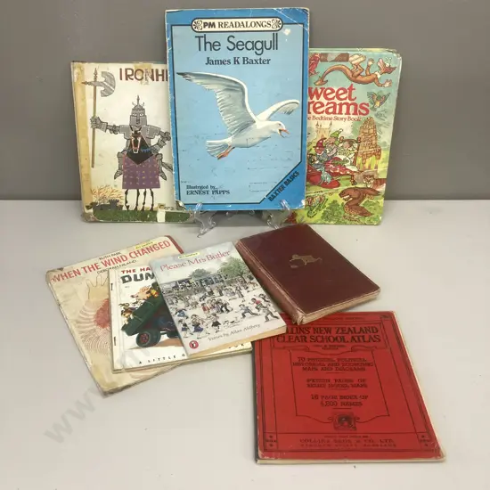1940's Collins' New Zealand Clear School Atlas, Gerald Rose Ironhead , James K Baxter The Seagull, Now We Are Six, Etc