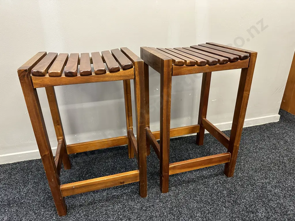 Pair of Wooden Slat Bar Stools, Curved Seats Image 1++