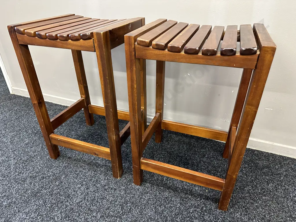 Pair of Wooden Slat Bar Stools, Curved Seats Image 1++