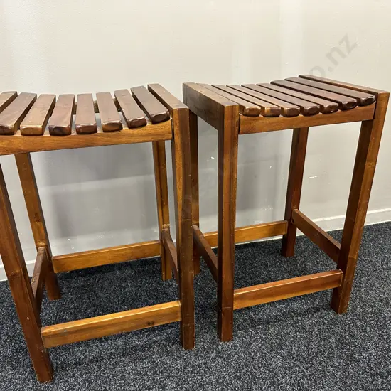 Pair of Wooden Slat Bar Stools, Curved Seats