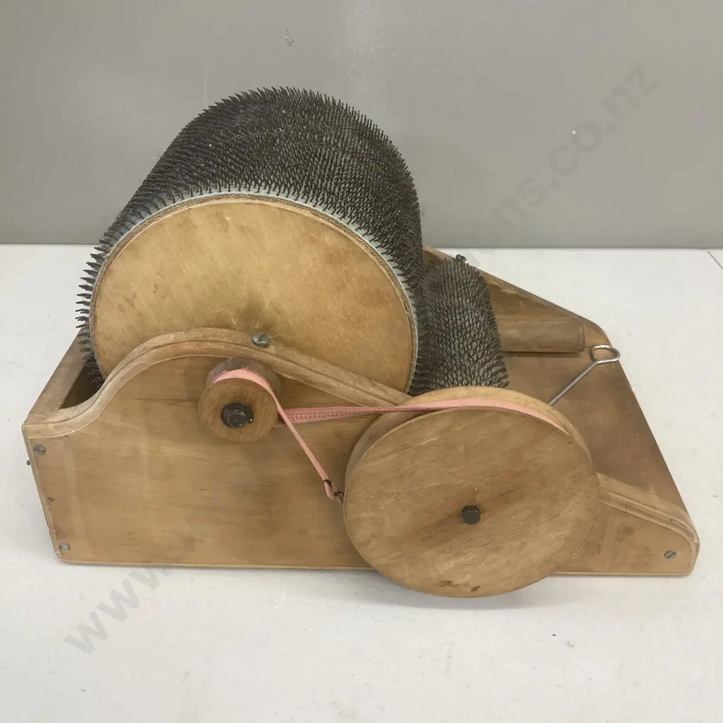 Antique Wool Drum Carder, with Two Spiked Rollers and Crank, H24 W40 D40 cm Image 1++