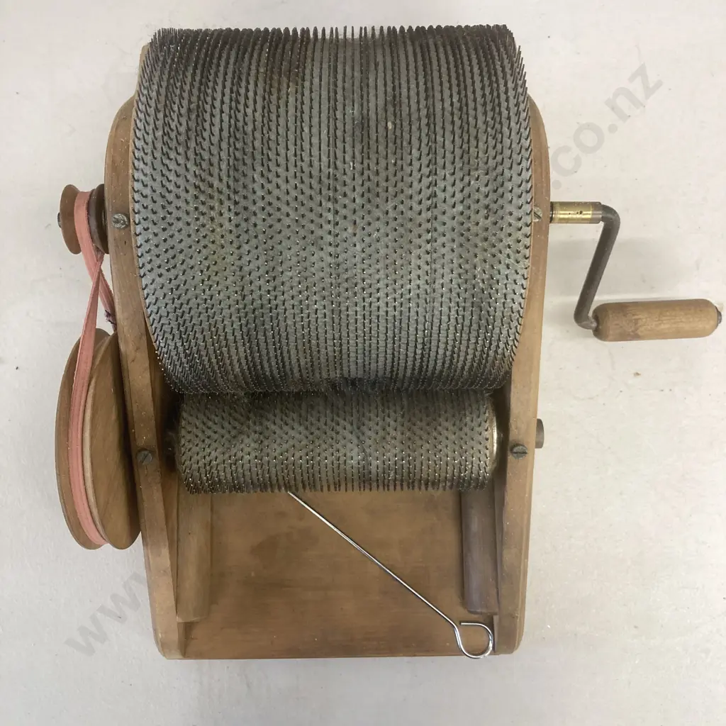 Antique Wool Drum Carder, with Two Spiked Rollers and Crank, H24 W40 D40 cm Image 1++