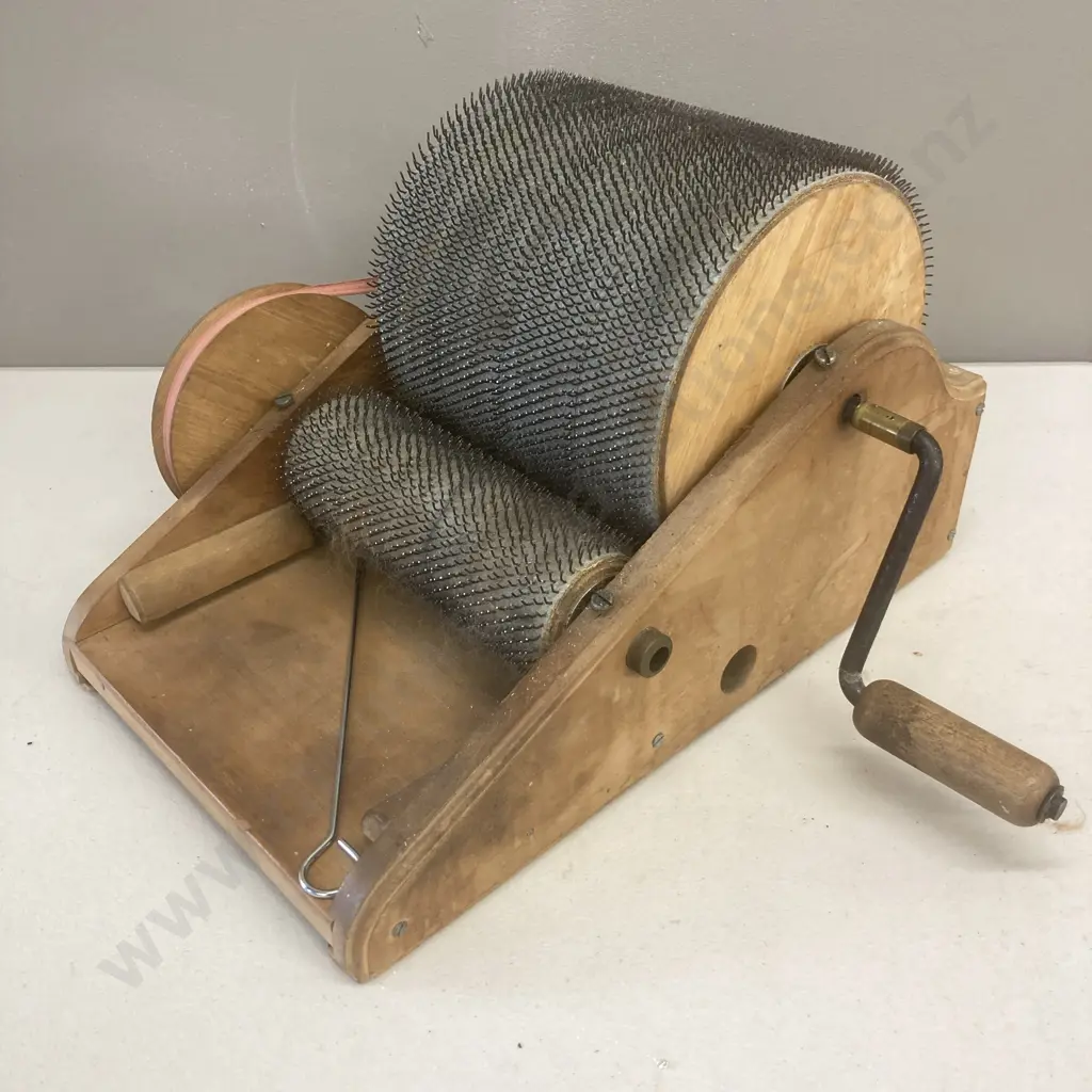 Antique Wool Drum Carder, with Two Spiked Rollers and Crank, H24 W40 D40 cm Image 1++