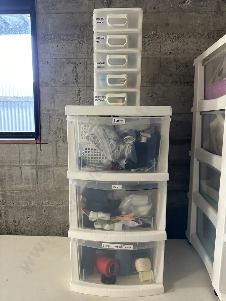 Selection of Elastic, Velcro, Thread, Machine Tools, Needles Etc In White 3 Drawer & Small 4 Drawer Storage Units Image 1++