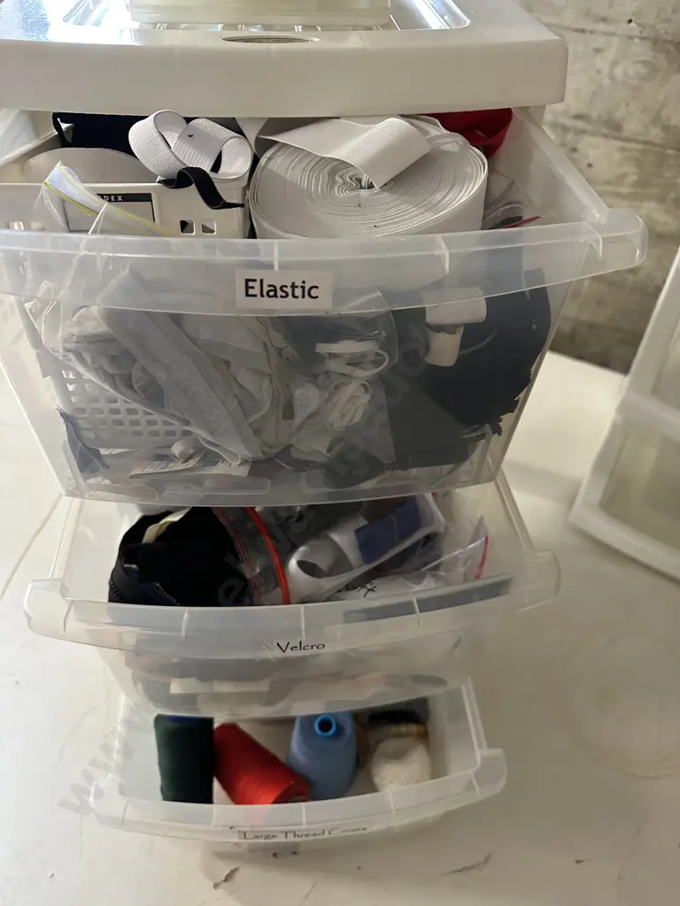 Selection of Elastic, Velcro, Thread, Machine Tools, Needles Etc In White 3 Drawer & Small 4 Drawer Storage Units Image 1++