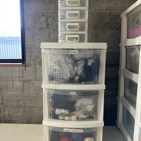 Selection of Elastic, Velcro, Thread, Machine Tools, Needles Etc In White 3 Drawer & Small 4 Drawer Storage Units