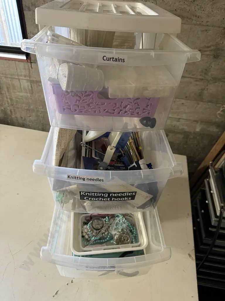 Selection of Sewing & Knitting Craft Sundries In 4 Drawer White Storage Unit Image 1++