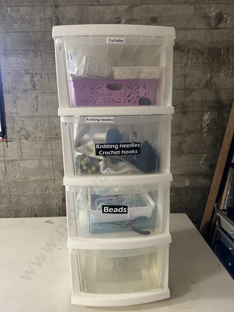 Selection of Sewing & Knitting Craft Sundries In 4 Drawer White Storage Unit Image 1++